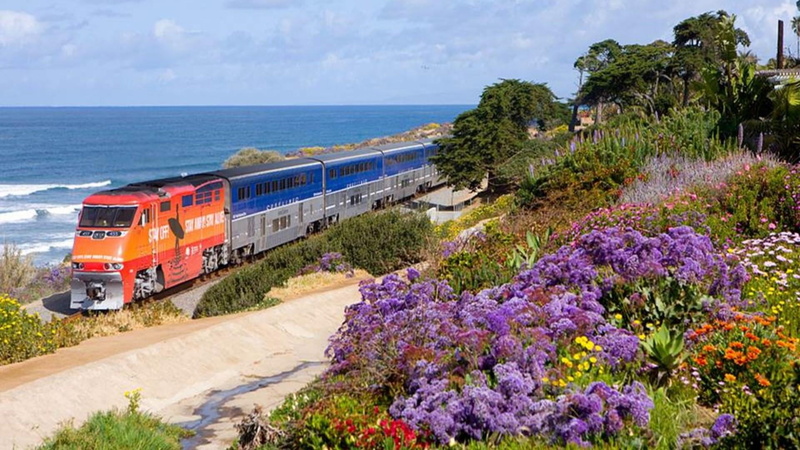 rolling stock, landscape, outdoors, purple, mode of transportation, train - vehicle, california, tourism, nature, transportation, railroad track, 1080P