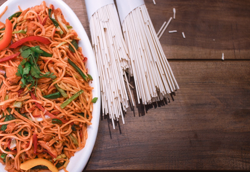 asian food, wellbeing, pasta, ready-to-eat, chicken chowmein, chinese, food, high angle view, asian, indoors, meal, freshness, fork, spaghetti, italian food