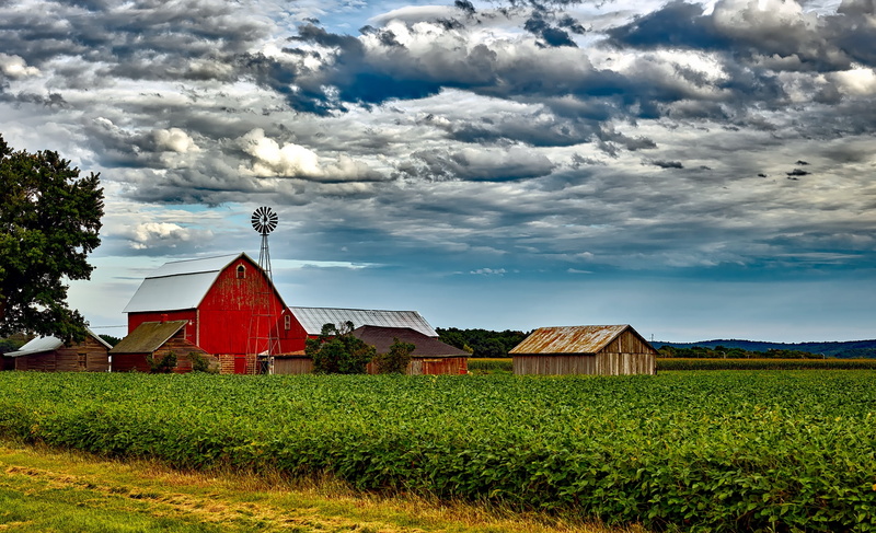 field, scenic, green, agricultural building, landscape, grass, countryside, clouds, 1080P, scenics - nature, red, buildings, beauty in nature, outdoors