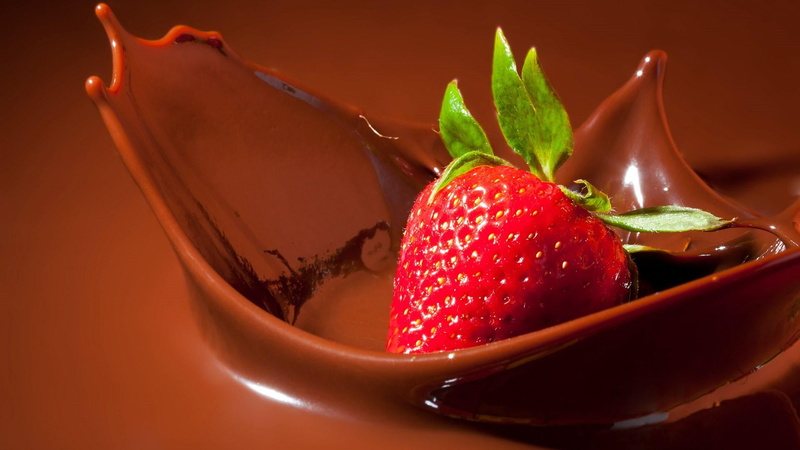 strawberry, bowl, 1080P, indoors, berry fruit, antioxidant, dip, chocolate, fruit, close-up, sweet, colored background, freshness, studio shot, leaf, healthy eating