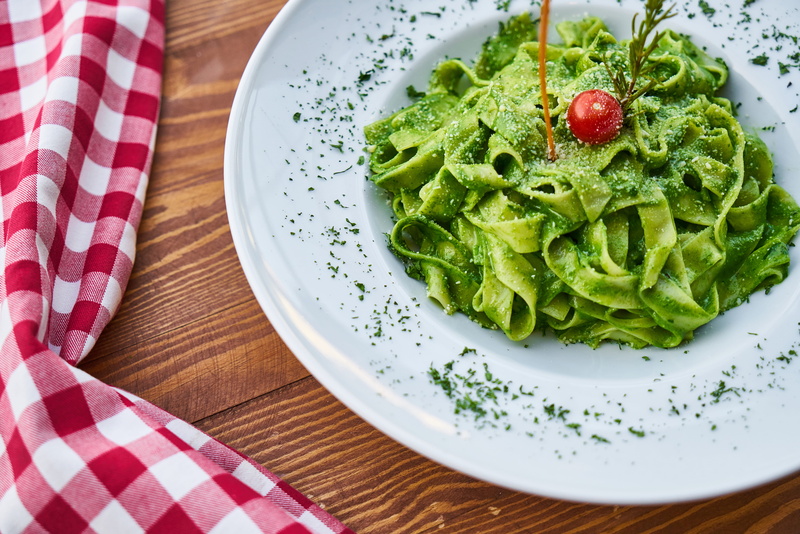 high angle view, italian, fruit, cuisine, meal, lunch, indoors, eat, plate, cheese, dish, epicure, table, cherry tomato, garnish, nutrition, noodle, food and drink