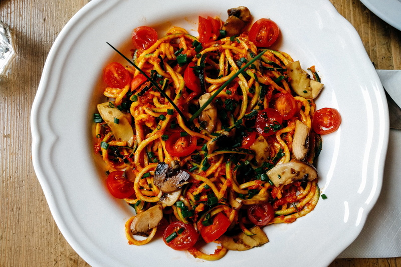 herb, meat, pasta, healthy eating, meal, italian food, high angle view, white meat, freshness, food, dinner, wellbeing, vegetable, still life, indoors