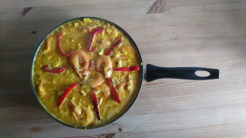 table, snack, king prawns, cup, spice, breakfast, rice, indoors, paella, high angle view, directly above, spoon, food and drink, no people, still life
