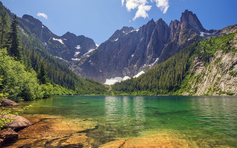 remote, 720P, beauty in nature, forest, spring, waterfront, outdoors, lake, tree, mountain range, water, sky, idyllic, mountain, clam, landscape, snowcapped mountain