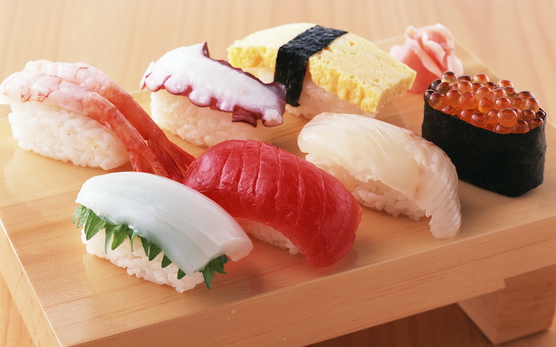 1080P, Japanese cuisine, food, seafood, sushi, ginger, figure, rolls, octopus, caviar, shrimp, red