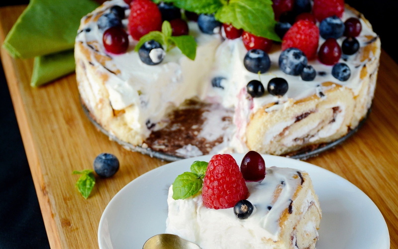strawberries, closeup, 1080P, lunch, food, blueberries, dessert, cake