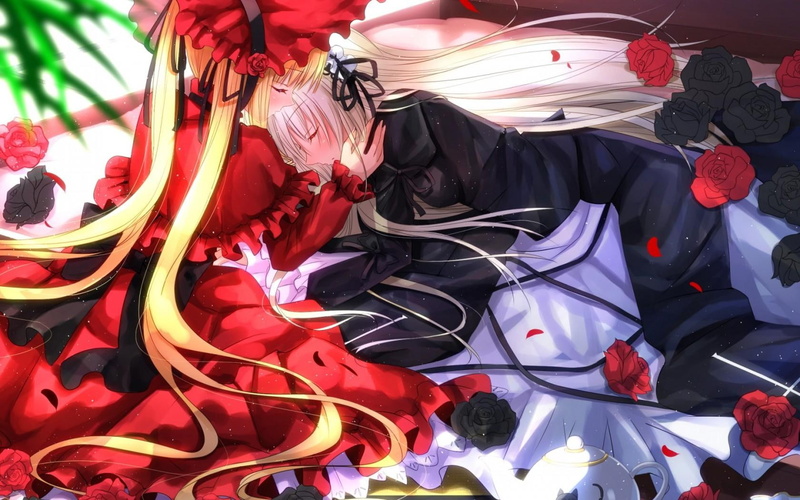 light, red-dress, anime, 720P, rozen-maiden, dolls, white-hair, blus, blond-hair, shinku, female, suigintou, black-dress