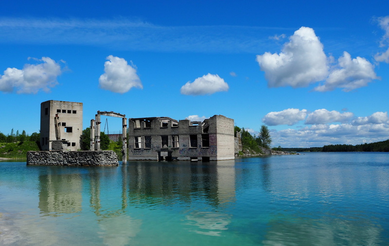 ruins, building exterior, blue, outdoors, waterfront, ruined, day, travel destinations, rummu, 4K, abandoned, sky, travel, estonia, water, no people, history