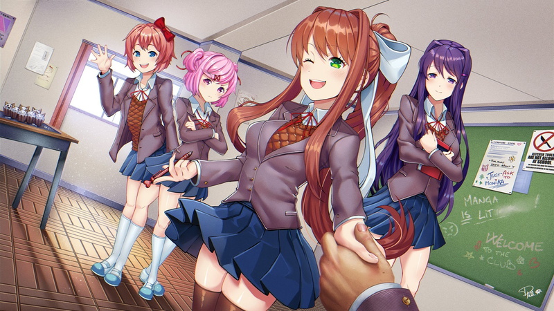 Monika (Doki Doki Literature Club!), Natsuki (Doki Doki Literature Club!), Yuri (Doki Doki Literature Club!), Classroom, Video Game, 1080P, Cupcake, Doki Doki Literature Club!
