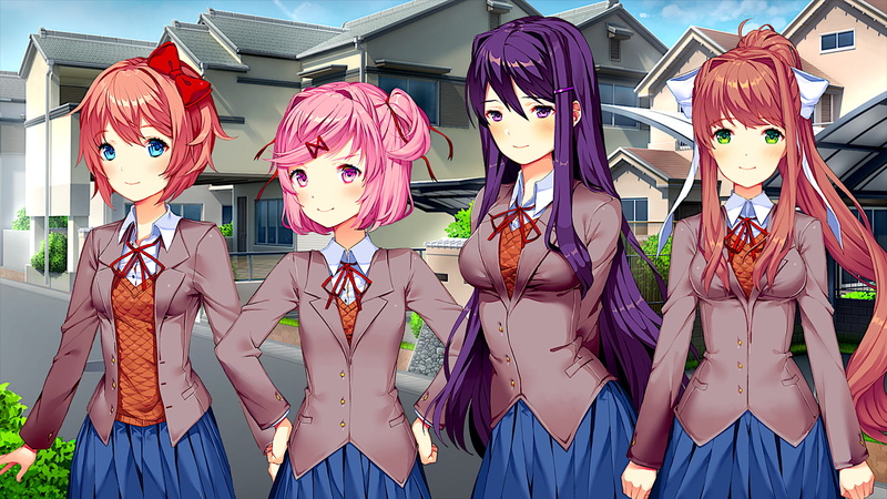 clothing, disguise, group of people, mask - disguise, young adult, Video Game, human representation, Sayori (Doki Doki Literature Club!), lifestyles, Monika (Doki Doki Literature Club!)