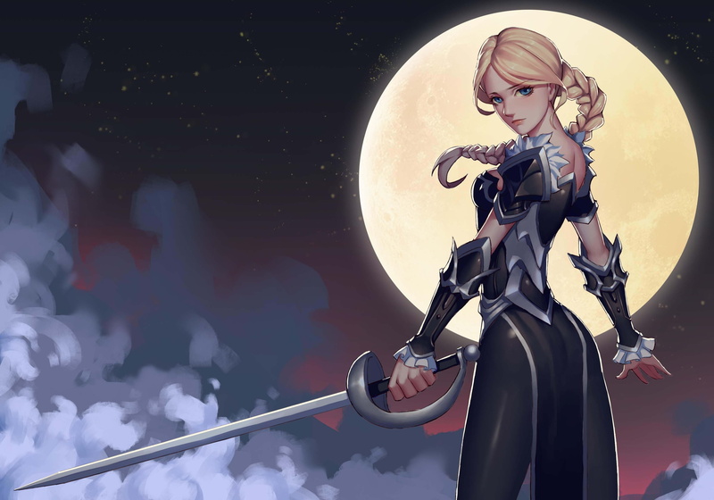 female, real people, musical instrument, Moon, night, outdoors, blue eyes, men, mode of transportation, 2K, saber, land vehicle, anime girls, sky, representation