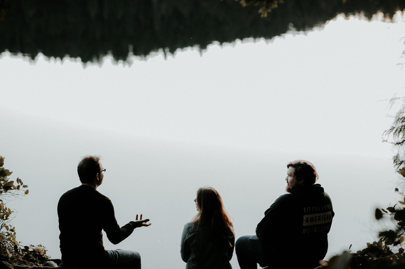 water, weather, fog, leisure activity, young men, cliff, togetherness, men, outdoors, standing, nature, silhouette, day, talking, foggy, clothing, friends