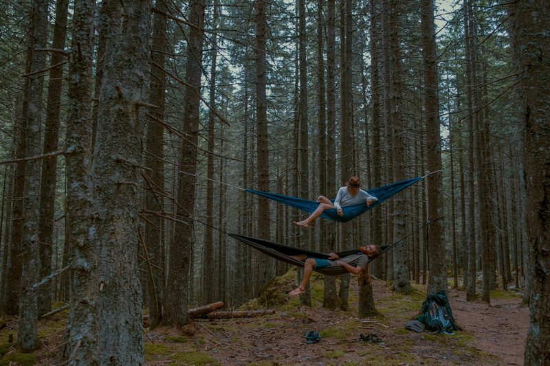 one person, camp, outdoor, men, lying, adult, lifestyles, hangout, romanium, land, trunk, traveling, dark green, tree, 4K, black, plant, day, woods, standing