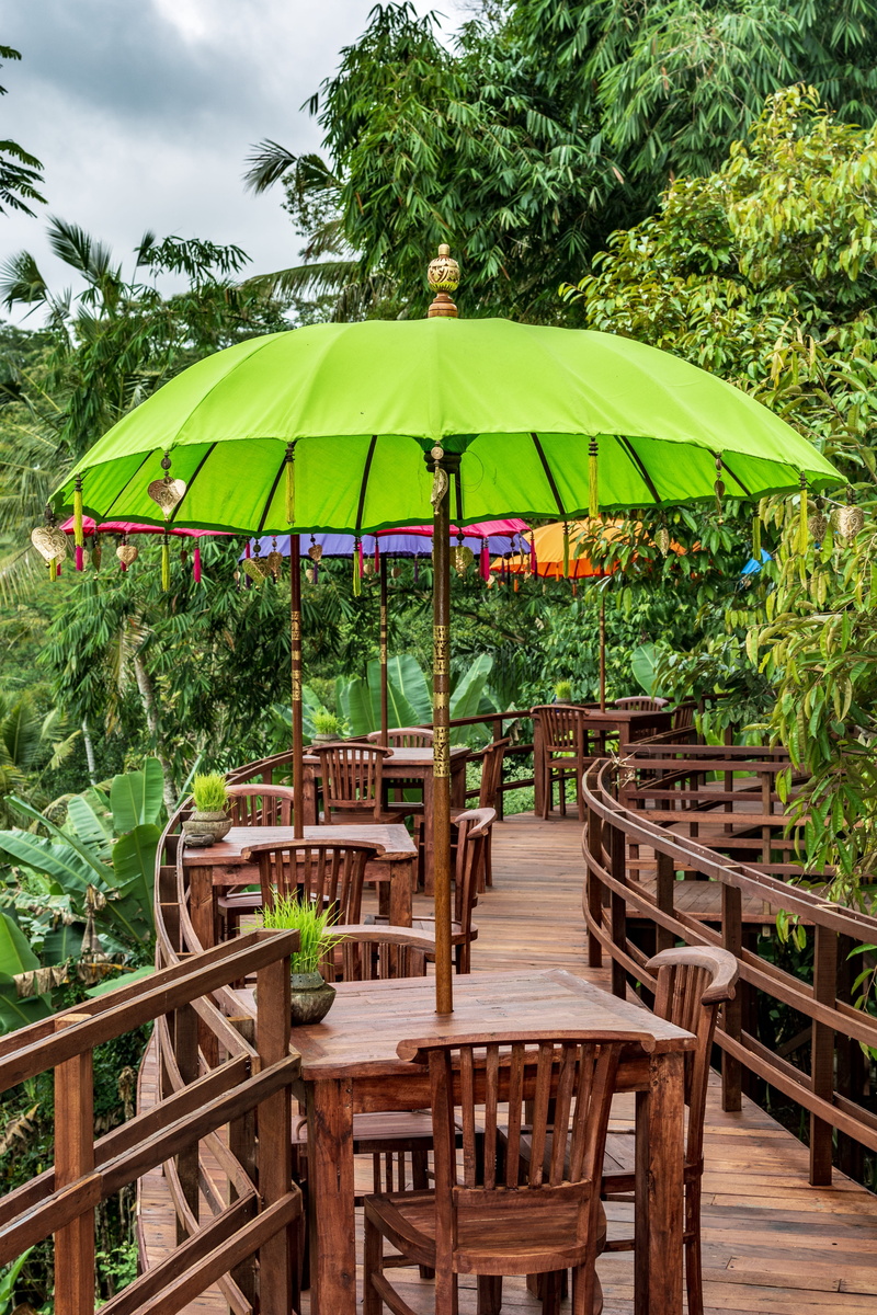 wood - material, parasol, cafe, day, green color, sky, oka agriculture, outdoors, outdoor, table, scenic, plant, nature, indonesia, absence, vacations