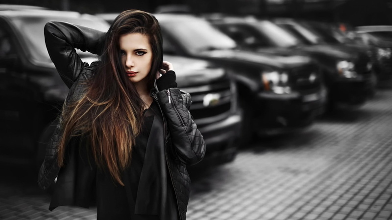 looking at camera, brunette, black, warm clothing, leather, photo manipulation, jacket, portrait, clothing, women, young women, leather jacket, 1080P