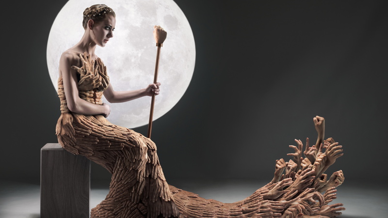 representation, young adult, holding, black background, hairstyle, young women, women, clothing, stage, one person, indoors, photo manipulation, 8K, human representation