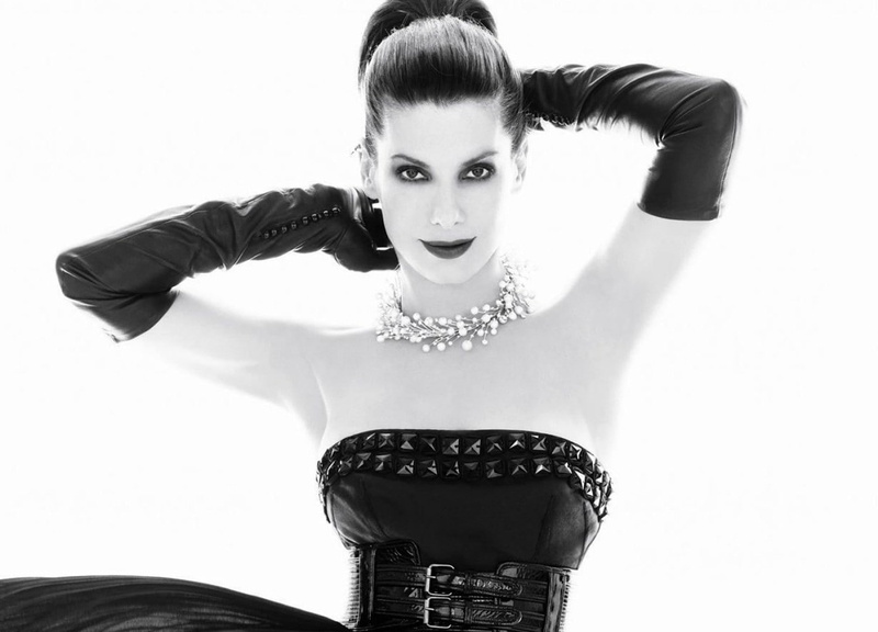 looking at camera, ponytail, young women, portrait, studio shot, white background, fashion, young adult, 720P, black gloves, monochrome, front view, elegance