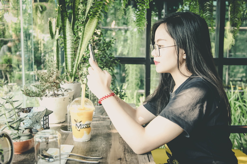 lady, leisure, beautiful woman, leaves, glass, real people, photo, lifestyles, focus, casual clothing, blur, wear, fruit shake, phone, pot, outdoors, close-up