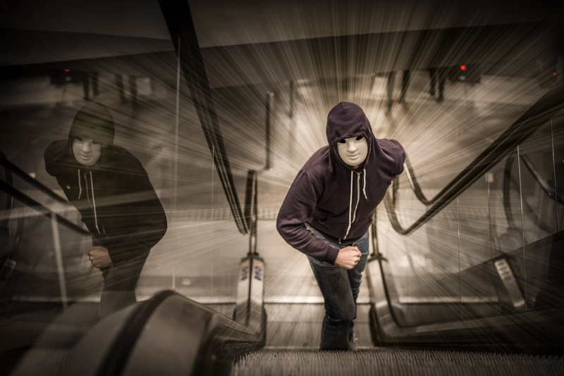 disguise, front view, escalator, villain, transportation, mask - disguise, urban, spooky, safety, white, males, person, protection, mystery, scary, indoors