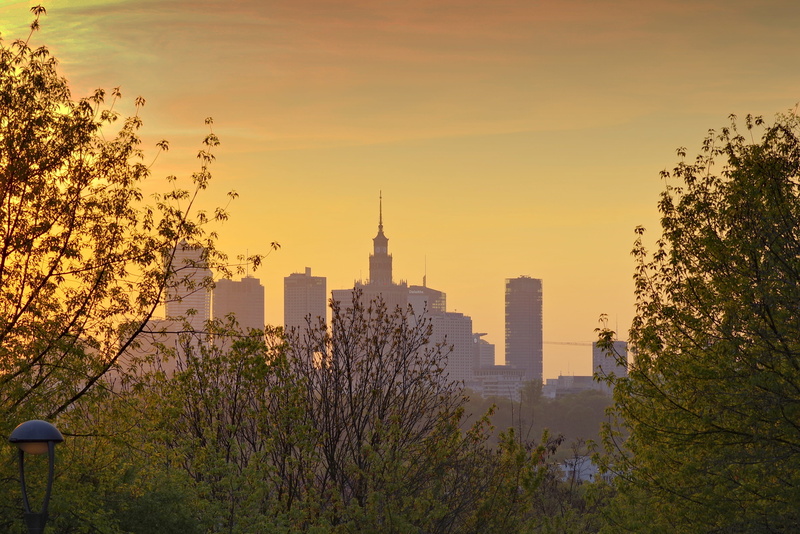 spire, urban Skyline, panorama, central Park, superstructure, Warsaw, modern, tower, the centre of, Skyscrapers, palace of culture, sunset, contours, the silhouette