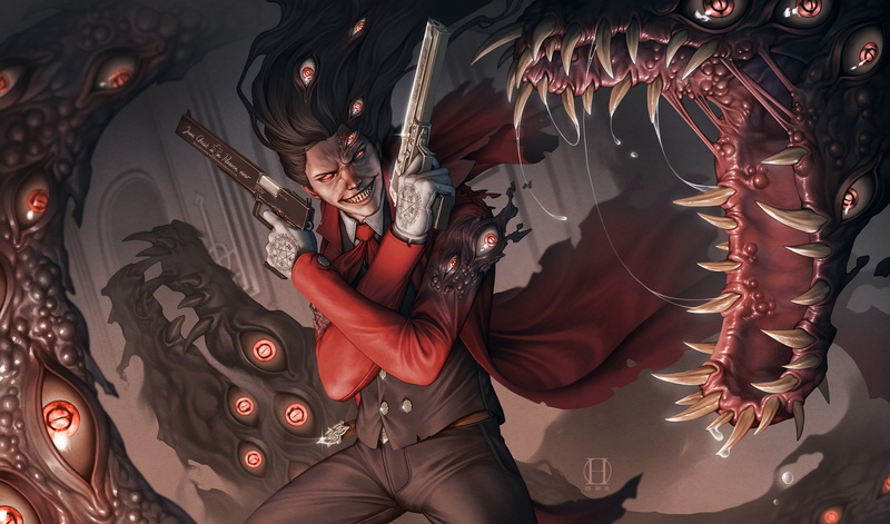 Warrior, Creepy, Eye, Alucard (Hellsing), Man, Hellsing, Gun, Anime, 2K
