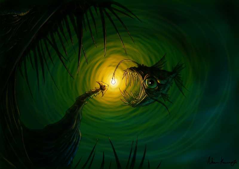 dark, underwater, monster, 1080P, ocean, fish, eyes, sea, green, light, creepy