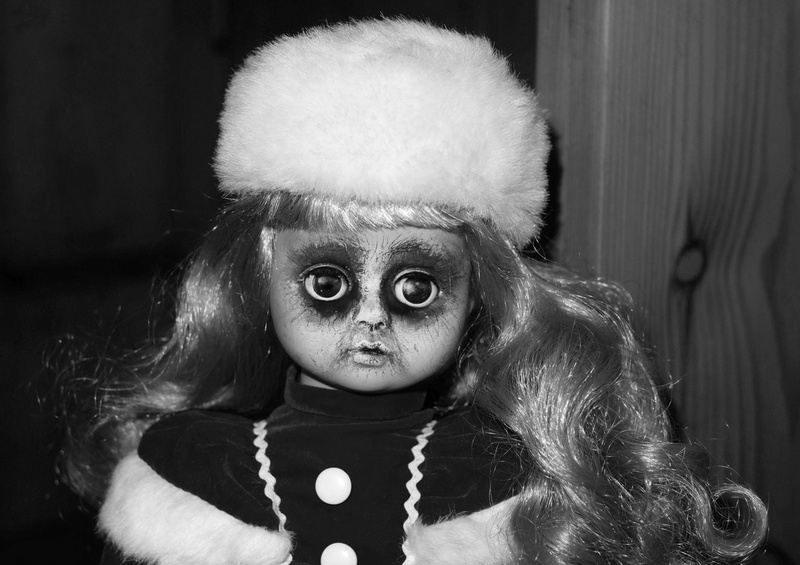 girls, childhood, portrait, celebration, holiday, fur hat, hairstyle, cute, focus on foreground, doll, indoors, close-up, looking at camera, horror, human Face
