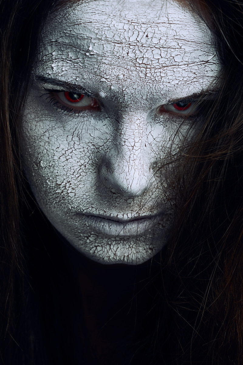 indoors, front view, body part, looking at camera, black background, creepy, one person, face, white, portrait, human face, hairstyle, young women, pale