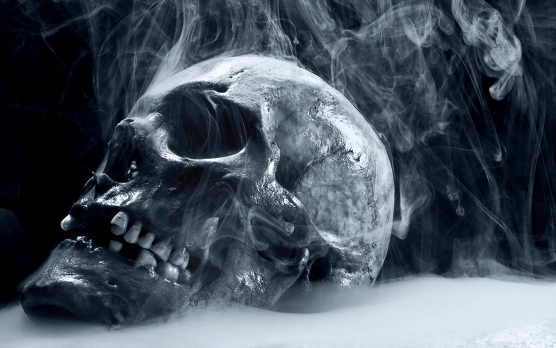 macabre, mist, animal skull, anatomy, reaper, scary, digital, skeleton, 1080P, horror, close-up, spooky, teeth, studio shot, human face, fear, human body part