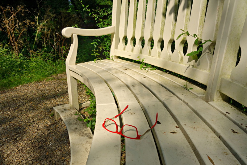 garden, bench, high angle view, garden furniture, no people, seat, park, 4K, wooden bench, nature, railing, absence, park bench, wood, chair, day, glasses on bench