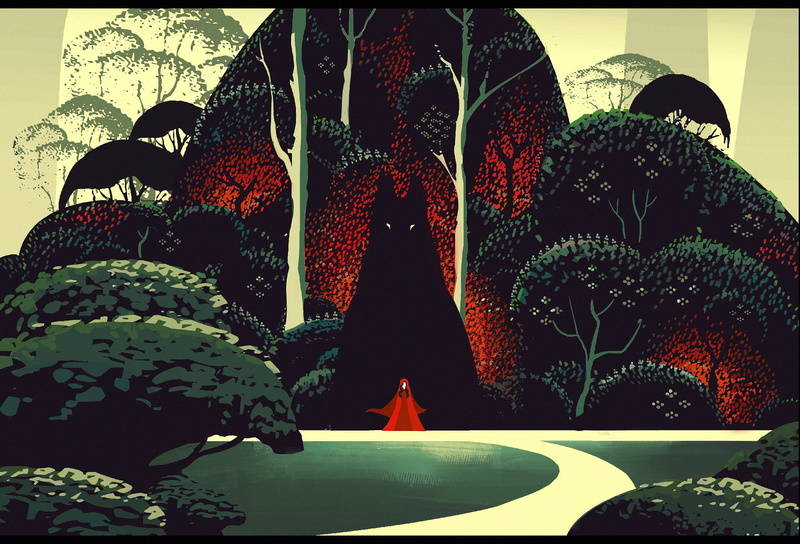 Fairy Tale, Little Red Riding Hood, creepy, Trees, nature, 720P, digital art, children, fantasy Art, wolf, eyes, Mahea Rodrigues, Silhouette