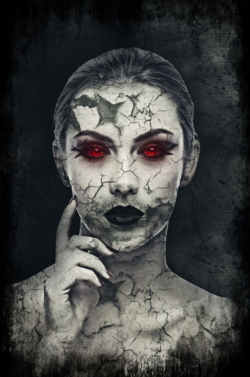 weird, headshot, red, scary, real people, 4K, woman, young adult, looking at camera, creepy, dirty, indoors, eyes, digital manipulation, front view, digital composite