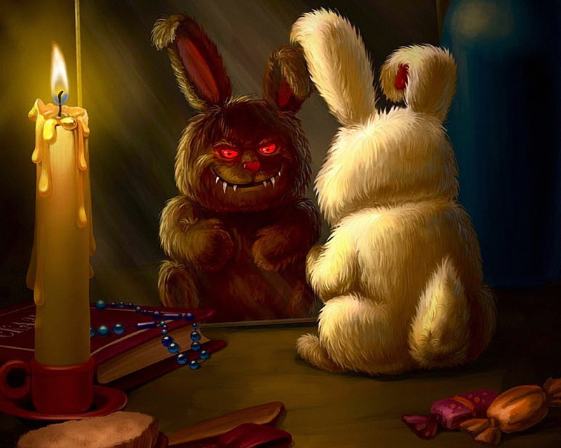 720P, skeleton, mirror, creepy, reflection, reaper, red eyes, artwork, rabbits, evil