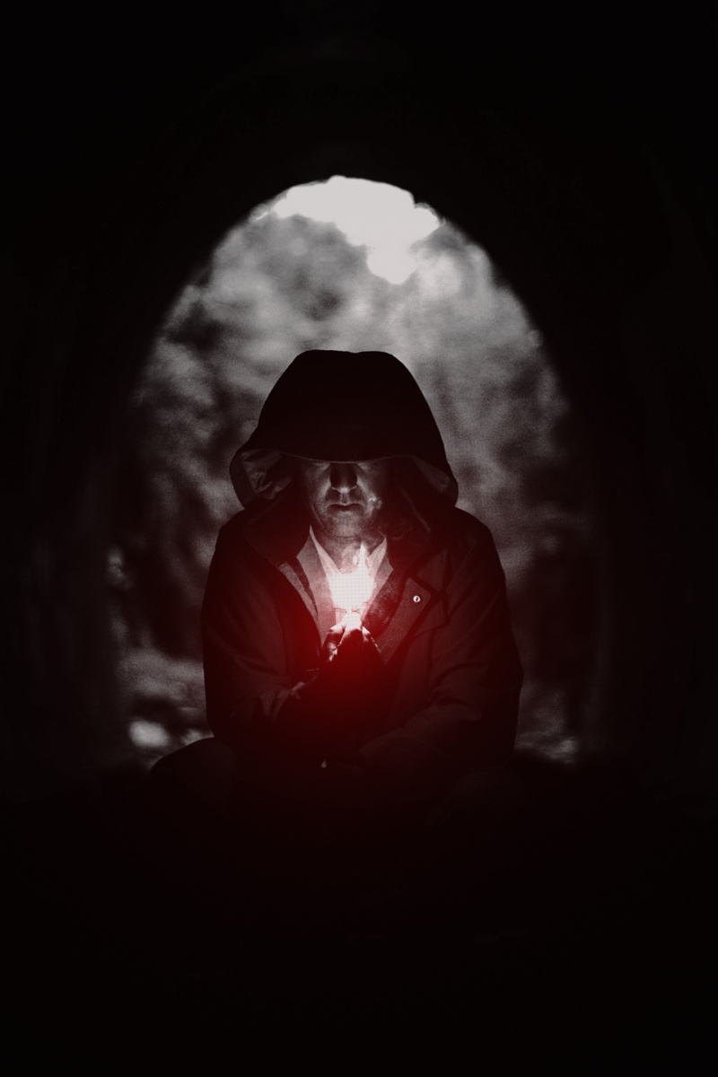 red, digital composite, standing, adult, 4K, apples, glitter, smoking, portrait, emotion, obscured face, close-up, bizarre, one person, headshot, front view