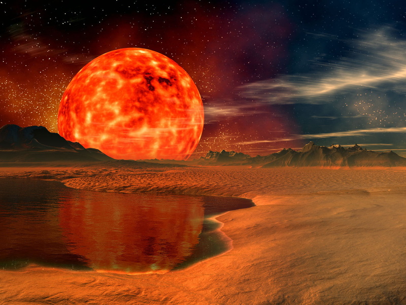giant, tranquil scene, 3D, nature, astronomy, scenics - nature, red, idyllic, water, 720P, outdoors, moon, non-urban scene, reflection, sky