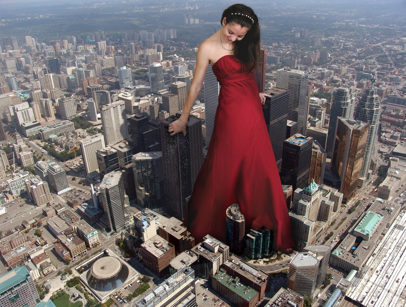 cityscapes, x, headbands, people, skyscrapers, hd, woman, dress, photomanipulations, wal, art, 1080P, giant, feet, buildings, red