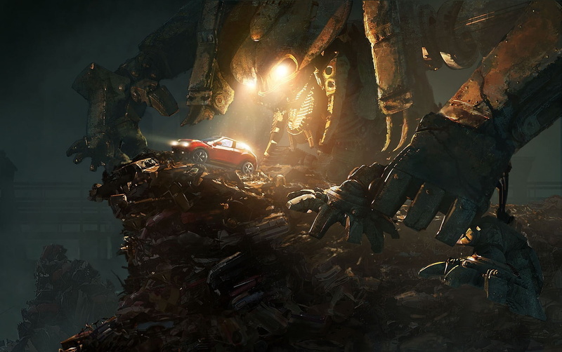 machine, art, nissan, 1080P, giant, metal, garbage, robot, red, mountain, lights, night