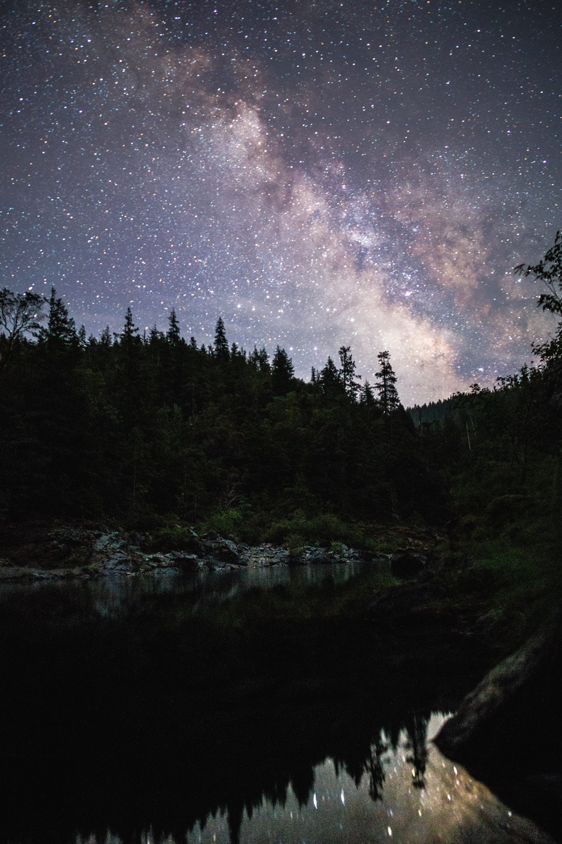 forest, night, beauty In Nature, night photography, lake, mountain, star, black, plant, astronomy, water, scenics - nature, landscape, 5K, galaxy, space and astronomy