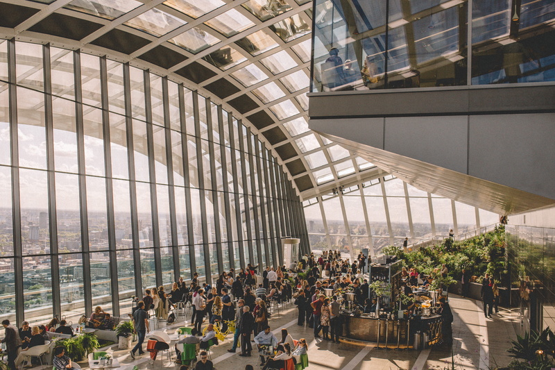Modern building, group of people, company, modern, party, 5K, 20 Fenchurch Street, people dining, skyscraper, crowd, glass - material, architecture, ceiling