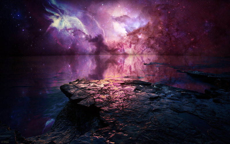 Stone, beaches, sky, Stars, 1080P, reflection, ocean, Nebula, Rock
