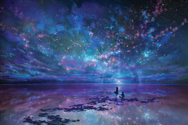 stars, night, anime, sky, 720P, nebula, space, reflection