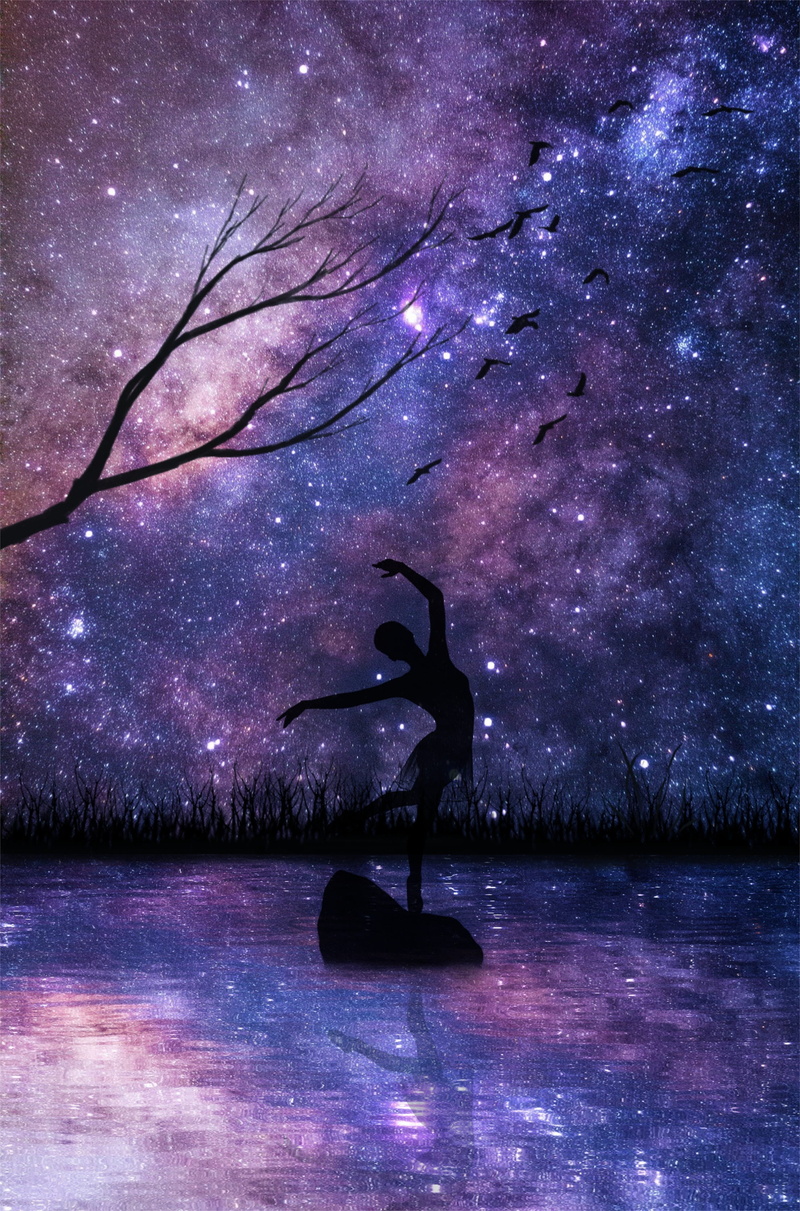star - space, reflection, one person, lifestyles, dancer, human arm, galaxy, arms raised, girl, tree, night, space, astronomy, purple, 2K, nebula, women