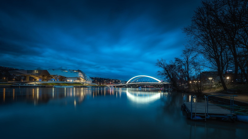 Museum Merger, 1080P, the evening, lights, France, Lyon, river