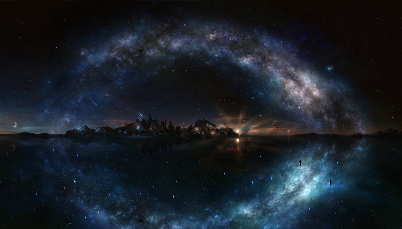 tranquility, blue, panoramic, nature, shine, sky, dark, outdoors, beauty in nature, space Exploration, milky Way, exploration, digital, water, astrology