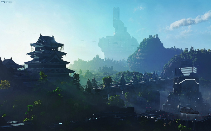 city, ship, 2K, temple, mountains, science fiction