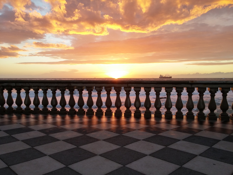 architecture, horizon over water, balustrade, tiled floor, terrace, horizon, orange color, nature, idyllic, sunset, water, no people, scenics - nature
