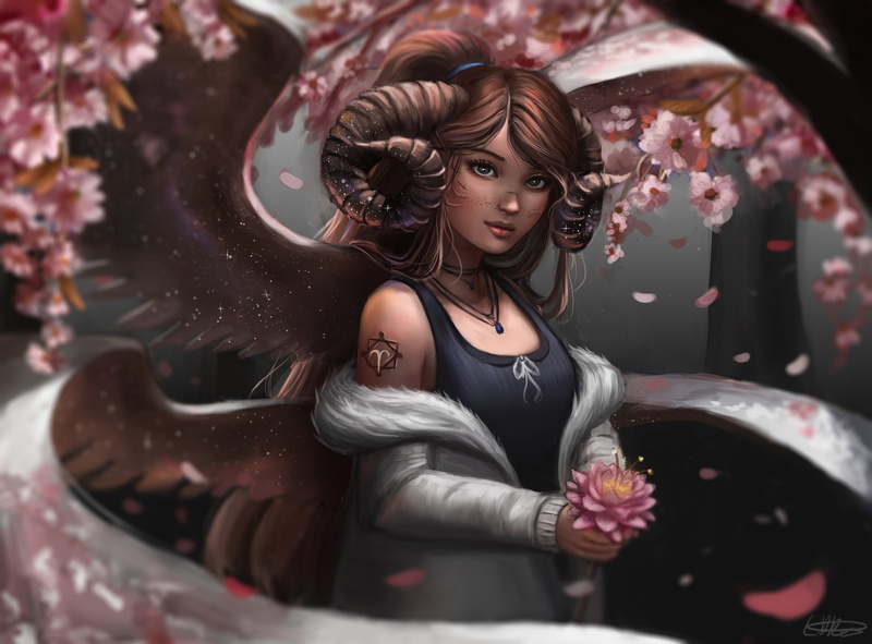 2K, Aries (Astrology), Brown Hair, Horns, Wings, Girl, Zodiac, Woman, Fantasy