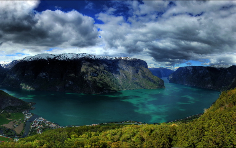 Norway, town., snow, muntains, lake, nature, water, 1080P, body, the rocks of the mountains, forest, clouds