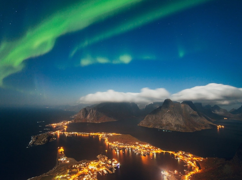 nature photography landscape aurora boreal sea mountains town lights starry night lofoten islands norway, tranquility, tranquil scene, astronomy, star - space