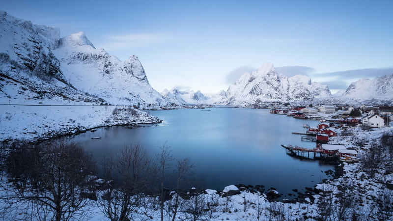 mountain range, reine, cold temperature, mountain, 4K, europe, snowcapped mountain, iceberg, nautical vessel, norway, snow, environment, winter, fjord